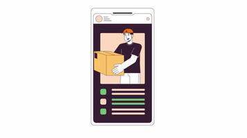 Courier delivery mobile screen 2D object animation. Shipping service smartphone gadget flat color cartoon 4K , alpha channel. Delivery guy with parcel order animated item on white background video