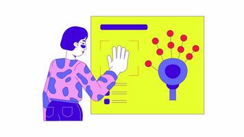 Palm scanning biometric identification cartoon animation. Digital identity verification 4K motion graphic. Asian woman pressing hand print animated 2D character isolated on white background video