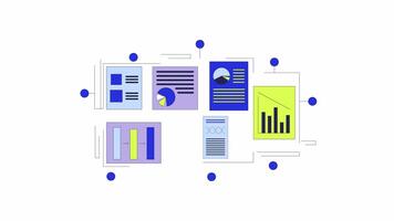 Company accounting documents line 2D object animation. Marketing statistics flat color cartoon 4K , alpha channel. Job performance. Profit graphs pie charts animated item on white background video