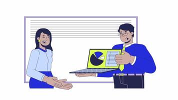 Double checking data with manager line cartoon animation. Analytics product management 4K motion graphic. Diverse supervisor with subordinate 2D animated characters isolated on white background video
