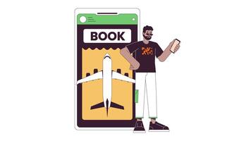 Man booking flight by phone line 2D animation. Reserving airline ticket 4K motion graphic. Airfare purchase. Application smartphone linear animated cartoon flat concept, white background video