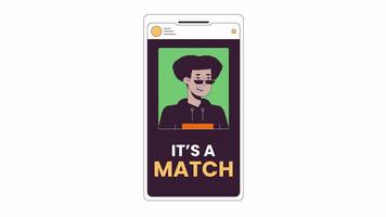 Dating app match on mobile screen 2D object animation. Find soulmate on smartphone application flat color cartoon 4K , alpha channel. Virtual love phone animated item on white background video