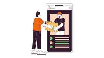 Man receiving parcel delivery phone line 2D animation. Guy orders taking cellphone ecommerce 4K motion graphic. Application smartphone linear animated cartoon flat concept, white background video