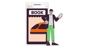 Man booking train ticket on cellphone line 2D animation. Railway traveller with phone 4K motion graphic. Railroad application smartphone linear animated cartoon flat concept, white background video