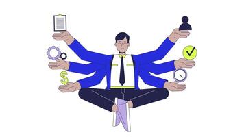 Multitasking in management line 2D animation. Product manager working on tasks simultaneously 4K motion graphic. Multi-task juggling linear animated cartoon flat concept, white background video