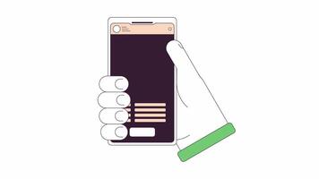 Notification message smartphone hand line cartoon animation. Sms texting. Alert mobile phone app 4K motion graphic. Envelope email technology 2D linear animated hand isolated on white background video