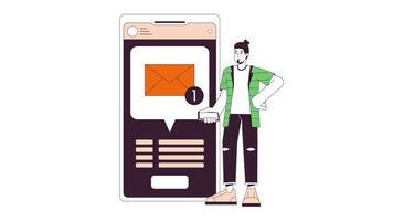 Send message with phone line 2D animation. Email virtual chatting. Texting man caucasian 4K motion graphic. Application smartphone linear animated cartoon flat concept, white background video