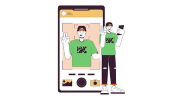 Asian man making selfie on phone line 2D animation. Two fingers posing guy on frontal camera 4K motion graphic. Application smartphone linear animated cartoon flat concept, white background video