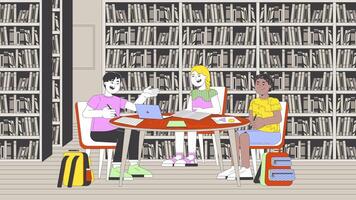 Elementary kids group assignment cartoon animation. Diverse schoolkids doing homework together in library 4K motion graphic. Preteen primary 2D animated characters on bookshelves background video