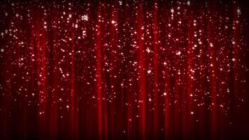 Abstract background of bright glitter particles. Bright particles of dust and stars move against the background of a theater curtain made of red fabric. seamless loop video