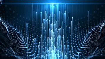 Abstract digital futuristic background with particle waves and glowing neon particles flying upward. movement of a stream of glowing bright lines of particles. Visualization of connection and big data video
