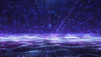Digital waves from glitter particles. Abstract magical background of glowing dots. Futuristic wavy surface of moving colorful waves and flying particles. Seamless looping 4k . Screensaver video