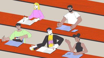 Lecture hall with students cartoon animation. University graduate freshmen college life 4K motion graphic. Diverse audience auditorium 2D animated characters on amphitheater classroom background video