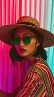 Stylish Asian Woman Posing in Vibrant Colorful Studio Setting photo