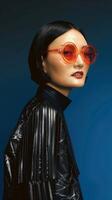 Stylish Asian Woman in Sleek Leather Jacket and Vibrant Sunglasses Posing in Studio photo