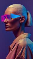 Futuristic Portrait of a Confident and Stylish European Woman in Vibrant Neon Glasses photo