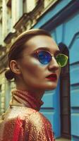 Stylish European Woman with Colorful Sunglasses in Urban Setting photo