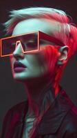 Avant Garde Fashion Portrait of a Bold and Fashionable European in Vibrant Neon Lighting photo