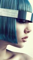 Futuristic and Stylish Model with Geometric Hairstyle in Minimalist Studio Setting photo