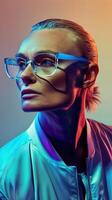Stylish and Confident European Woman in Studio Portrait with Vibrant Lighting photo
