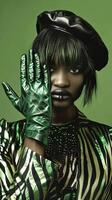Captivating African Tribal Fashion Portrait with Bold Vibrant Colors and Patterns photo