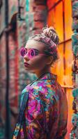 Stylish European Woman Posing Confidently in Vibrant Urban Setting photo