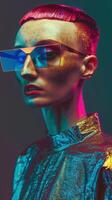 Striking and Futuristic Portrait of a Stylish European Woman in Vibrant Makeup and Avant Garde photo