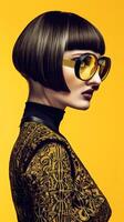 Avant Garde Fashion Model in Striking Monochrome Attire and Eyewear photo