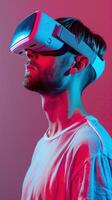 Bearded man experiencing cutting edge virtual reality technology in futuristic studio setting photo