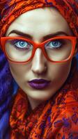 Striking Portrait of a Vibrant Redheaded Woman in Bold Orange Scarf and Glasses photo