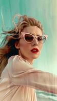 Captivating Blonde Model Poses Elegantly in White Outfit with Red Lips photo