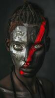 Surreal Digital Portrait of a Mysterious Dark Skinned Woman with Bold Makeup and Intense Gaze photo