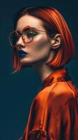 Captivating Redhead in Striking Orange Attire with Sophisticated Eyewear photo