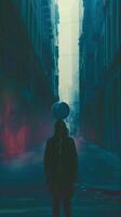 Solitary Silhouette Navigating the Ethereal Cityscape photo