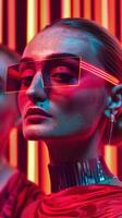 Futuristic and Stylish Redheaded Woman in Vibrant Metallic Lighting photo