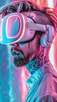 Bearded Man Immersed in Vibrant Virtual Reality Headset Experience photo