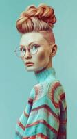 Close up portrait of a fair skinned redheaded woman with stylish updo hairstyle and trendy photo