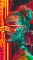 Captivating Neon Hued Portrait of a Futuristic and Fashionable Woman with Striking Eyewear and photo