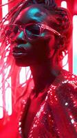Striking Stylized Portrait of a Dark Skinned Woman in Vibrant Red and Teal Hues photo