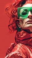 Enigmatic Avant Garde Fashion Portrait with Vibrant Red Styling and Conceptual Headpiece photo