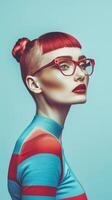 Captivating Redheaded Model in Colorful Vintage Inspired Fashion Poses in Studio photo