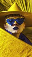 Surreal Futuristic Portrait with Pyramidal Sunglasses and Bold Colors photo