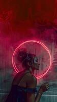 Futuristic Digital Portrait of Mysterious Woman in Neon Glow photo