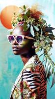 Vibrant and African Portrait with Floral Accessories in Tropical Setting photo
