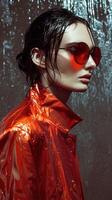 Elegant Woman in Red Jacket Posing Dramatically Under Rainfall photo