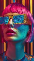 Striking and Futuristic Digital Art Portrait with Vibrant Neon Colors and Bold Geometric Patterns photo