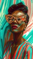 Captivating Portrait of a Stylish Woman Wearing Vibrant Striped Eyewear in an Abstract Colorful photo
