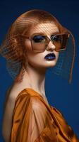 Captivating Futuristic Fashion Portrait of a Sophisticated Woman with Unique Headpiece and Vibrant photo
