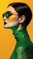 Captivating High Fashion Portrait of Enigmatic Asian Model in Metallic Green Futuristic Outfit photo