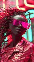 Captivating Futuristic Portrait of a Stylish Dark Skinned Woman in Vibrant Neon Lighting photo